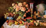 قیمت نخ و نقشه تابلوفرش طرح ویالون و میوه ها