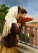 نخ و نقشه مادر و کودک در بالکن