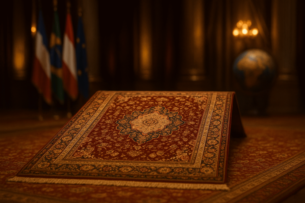تصویر یک فرش ایرانی دستبافت در سالن دیپلماسی با نورپردازی طلایی، نمادی از هنر و فرهنگ ایران در روابط بین‌الملل