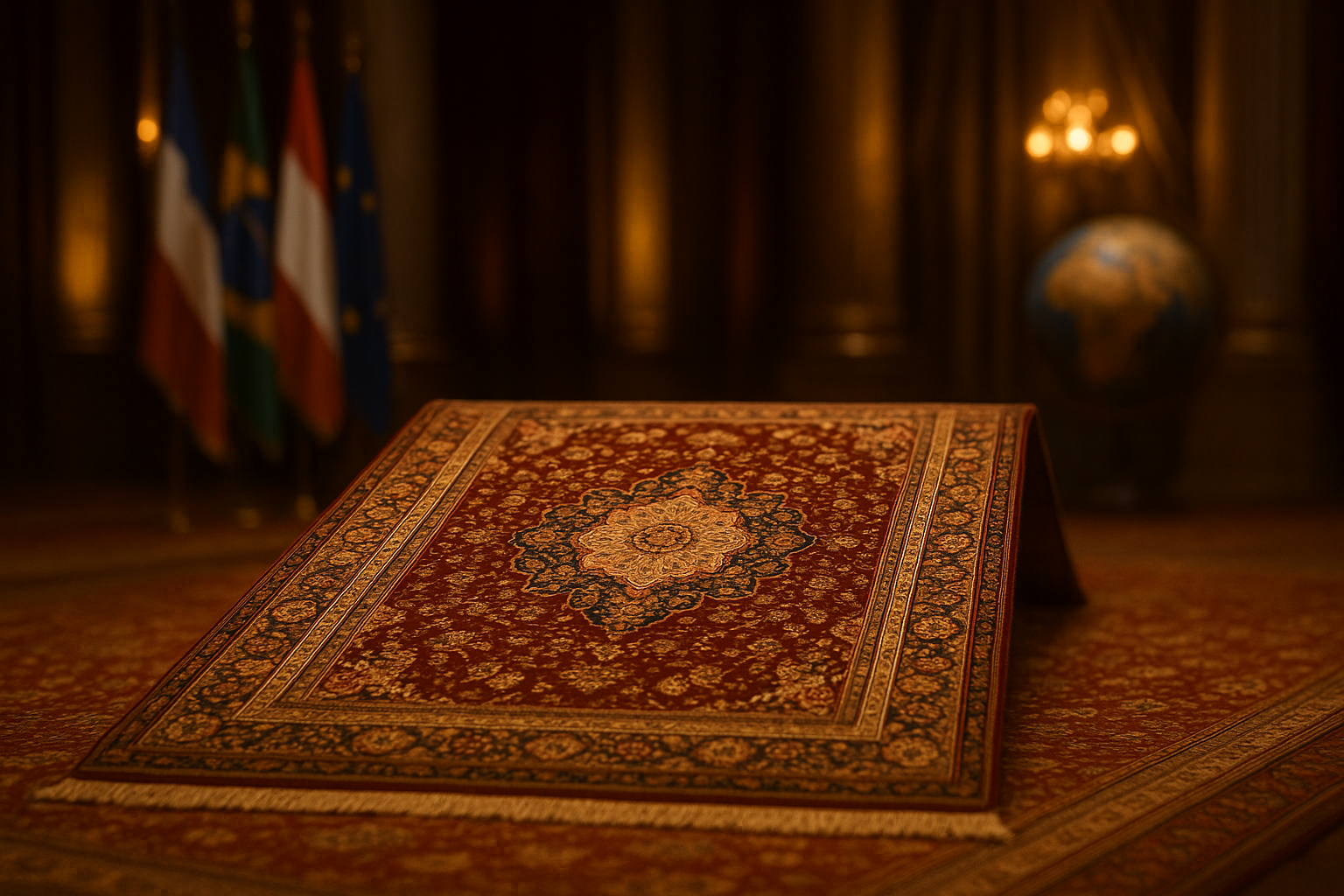 تصویر یک فرش ایرانی دستبافت در سالن دیپلماسی با نورپردازی طلایی، نمادی از هنر و فرهنگ ایران در روابط بین‌الملل